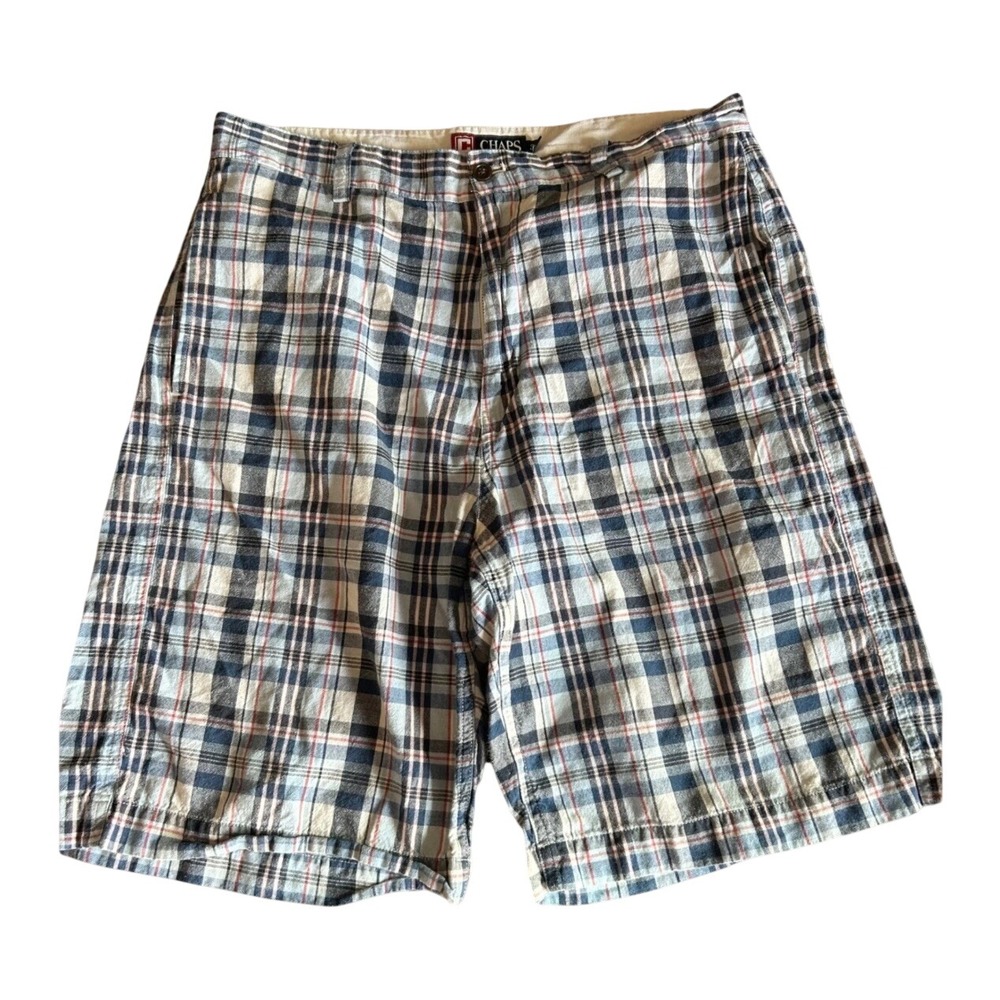 Mens Classic Plaid Flat Front Cotton‎ Shorts Blue White Red Preppy Chaps 34